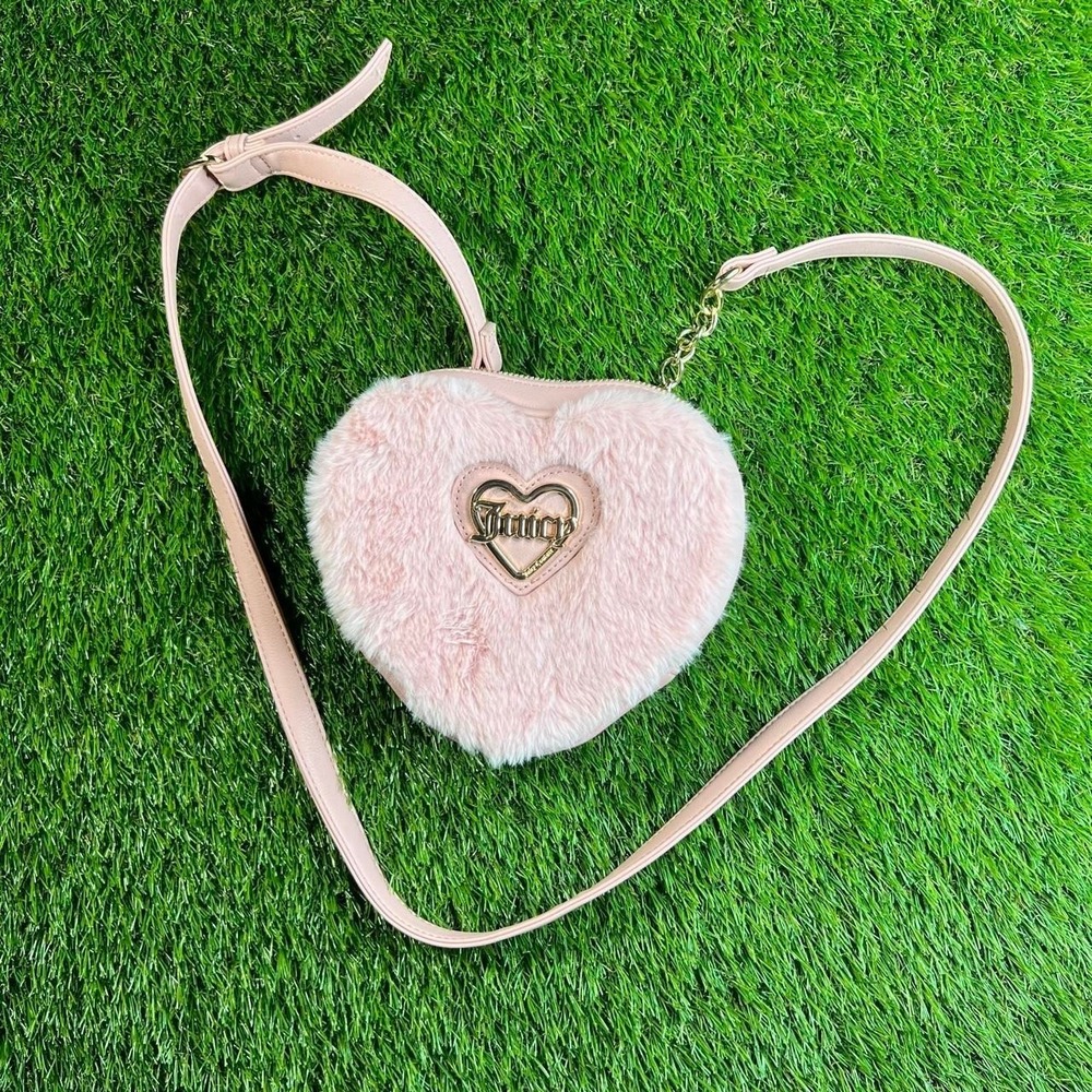 Juicy Couture Pink Heart Faux Fur Crossbody Purse Y2K Coquette Mini Shoulder Bag